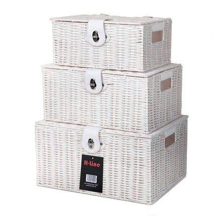 Set of 3 Resin Wicker Woven Storage Baskets with Lid & Lock Gift Hamper Box