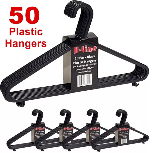 50 x Adult Black Coat Hangers Hanger Coathanger Strong Plastic Clothes Trousers